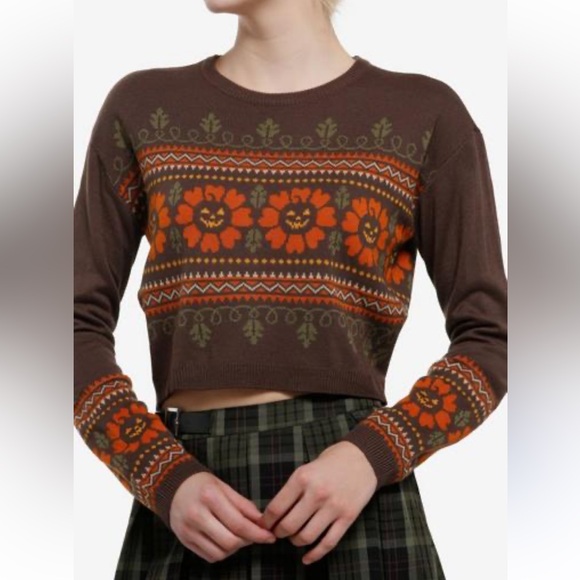 Hot Topic Thorn & Fable Jack-o’-lantern Brown SweaterFloral Design - Picture 1 of 5